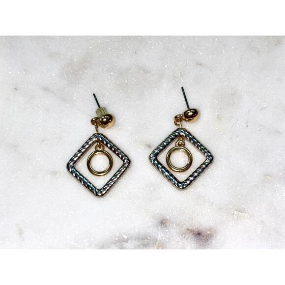 Textured Silver and Gold Tone   Square Circle Dangle Drop Earrings - Picture 2 of 5